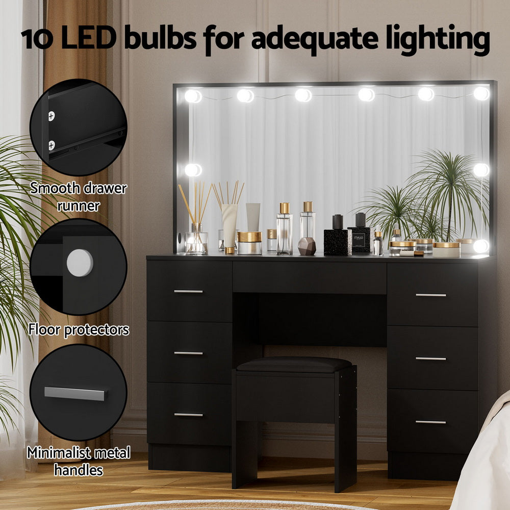 Vanity Desk + Stool | 10 LED Bulbs | Black Finish