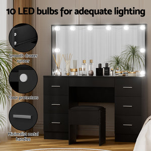 Vanity Desk + Stool | 10 LED Bulbs | Black Finish