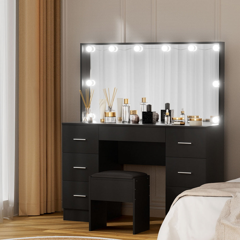 Vanity Desk + Stool | 10 LED Bulbs | Black Finish