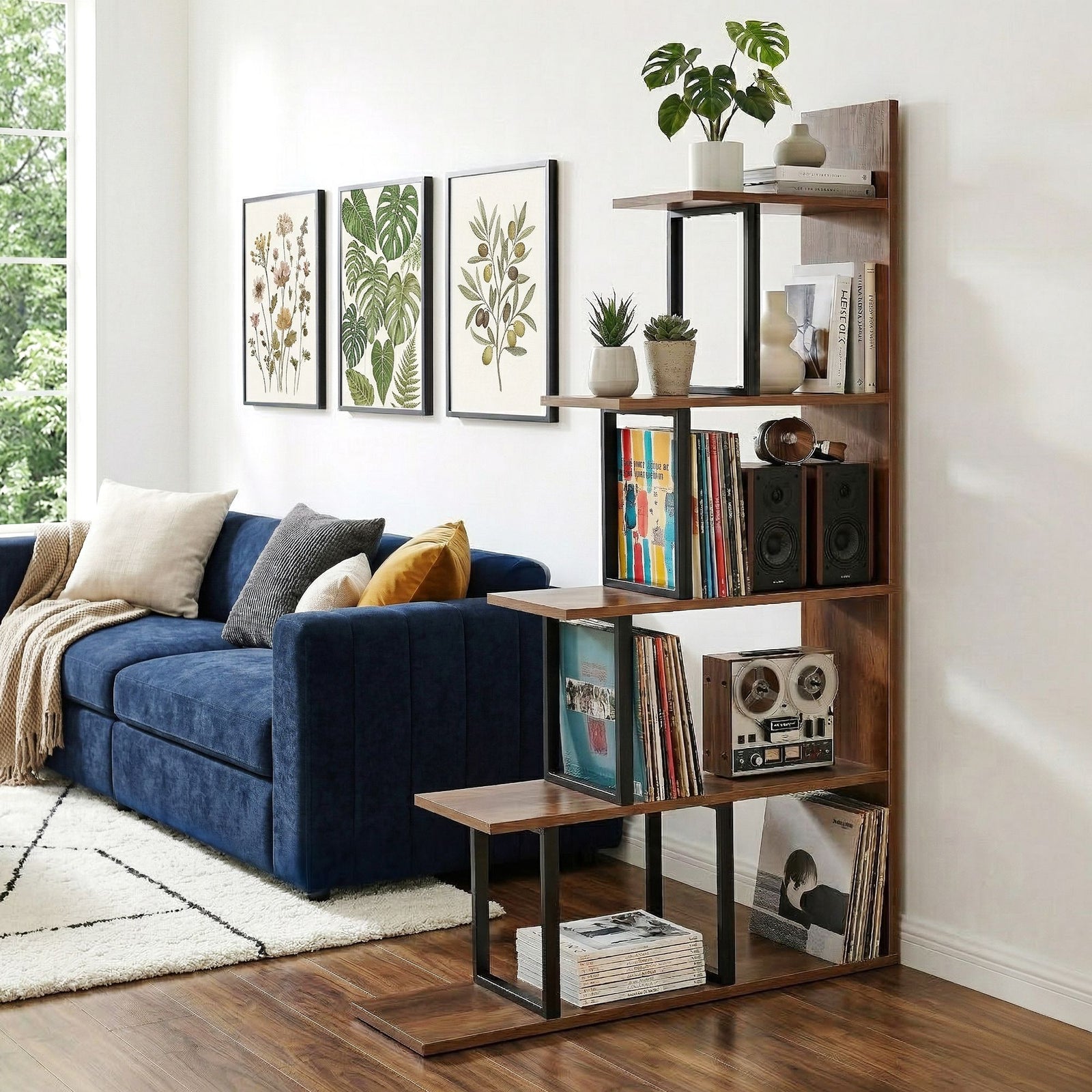 Ladder Corner Bookshelf | 5-Tier Display Shelf | Walnut