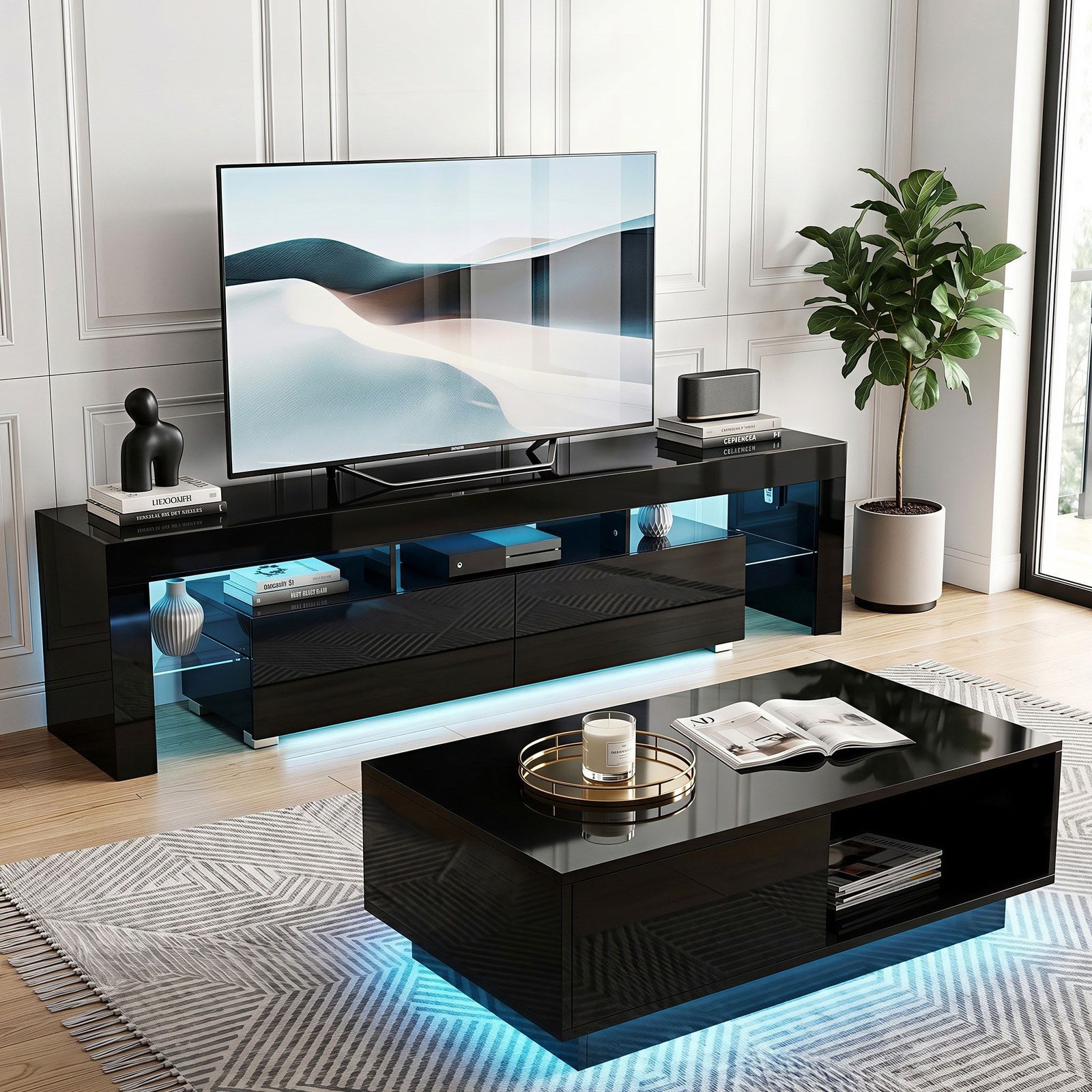 LED TV Unit & Coffee Table Set | Storage Cabinet | Black