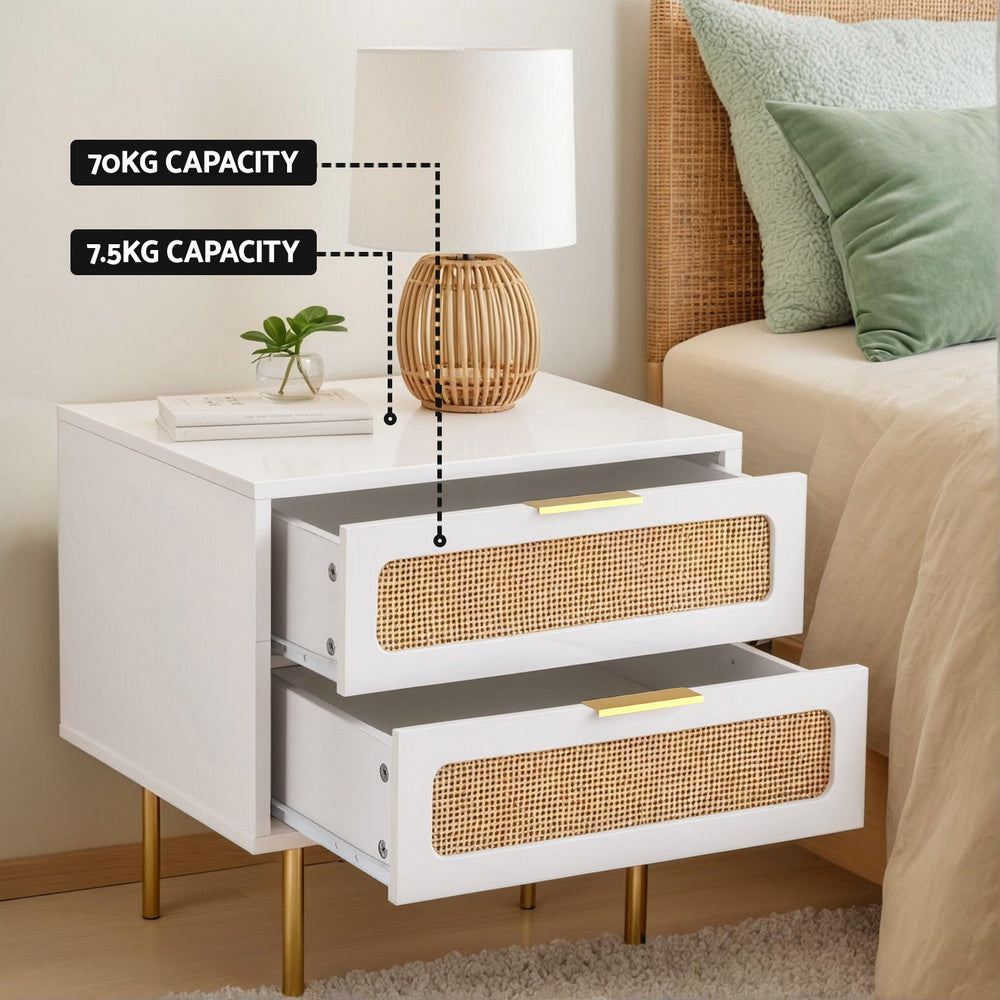 Artiss Bedside Table | Rattan | 2 Drawers | Pine