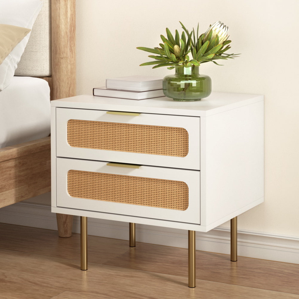 Artiss Bedside Table | Rattan | 2 Drawers | Pine