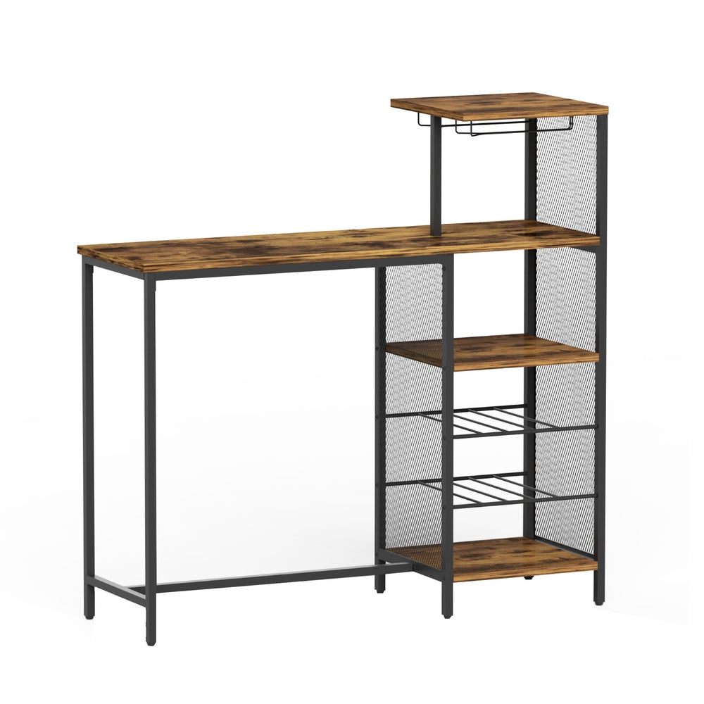 Artiss Bar Table | Industrial | Wine Rack + Cup Holder | Multi-Level Storage | 122cm | Walnut