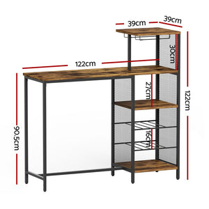 Artiss Bar Table | Industrial | Wine Rack + Cup Holder | Multi-Level Storage | 122cm | Walnut