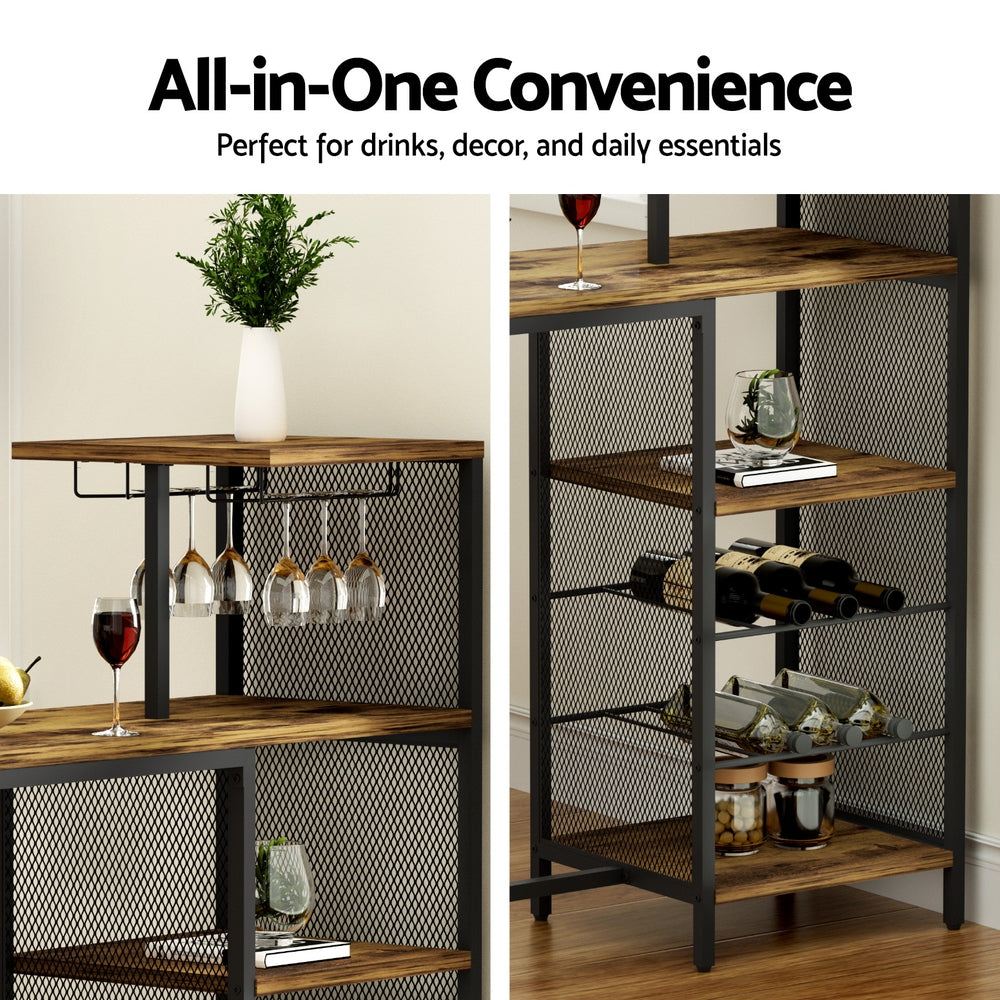 Artiss Bar Table | Industrial | Wine Rack + Cup Holder | Multi-Level Storage | 122cm | Walnut