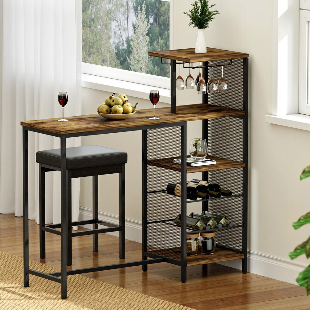 Artiss Bar Table | Industrial | Wine Rack + Cup Holder | Multi-Level Storage | 122cm | Walnut
