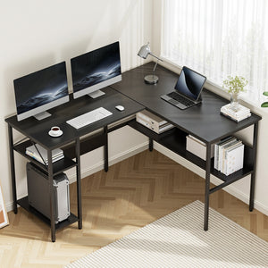 L-Shaped Computer Desk | Open Shelving | Home Office | Black