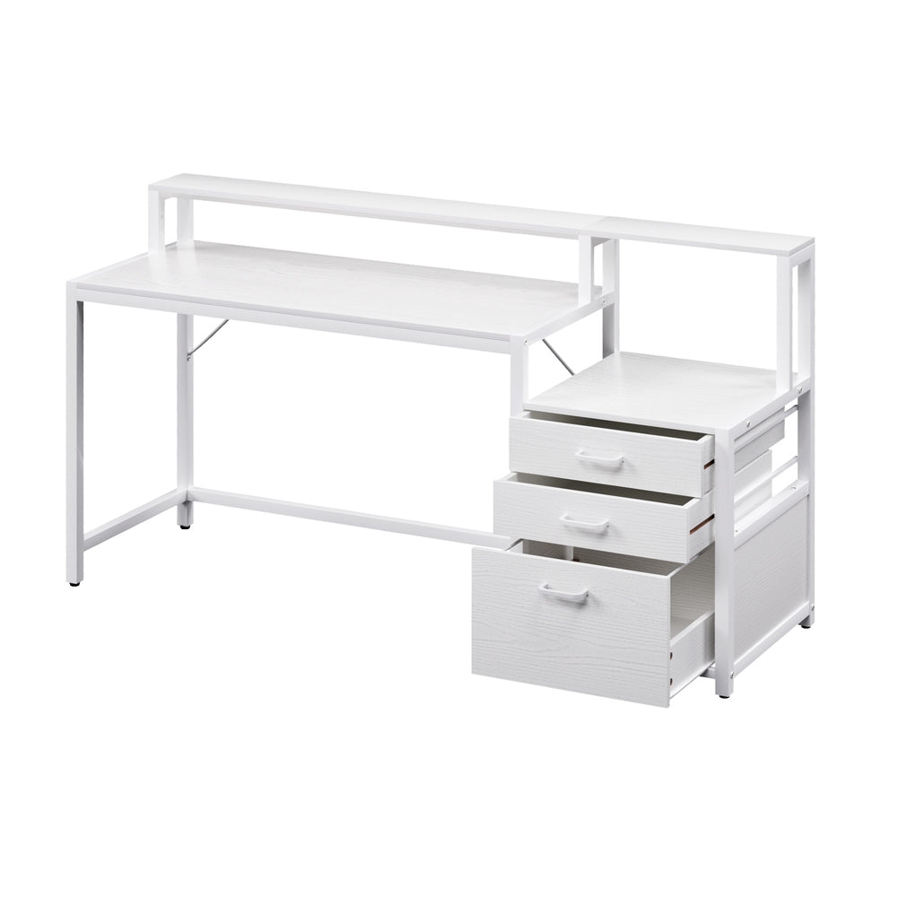 Home Office Desk | 160cm | Storage Drawers + Open Shelf | White