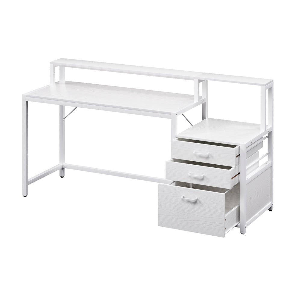 Home Office Desk | 160cm | Storage Drawers + Open Shelf | White