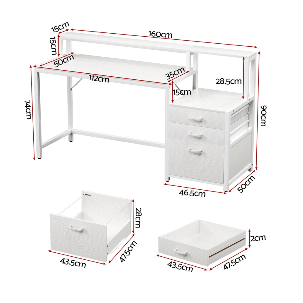 Home Office Desk | 160cm | Storage Drawers + Open Shelf | White