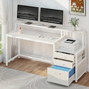 Home Office Desk | 160cm | Storage Drawers + Open Shelf | White