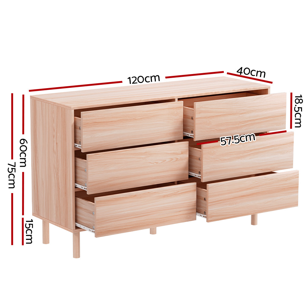 Artiss Chest of Drawers | 6 Drawer Cabinet | Dresser Table | Tallboy Storage | Bedroom | Pine