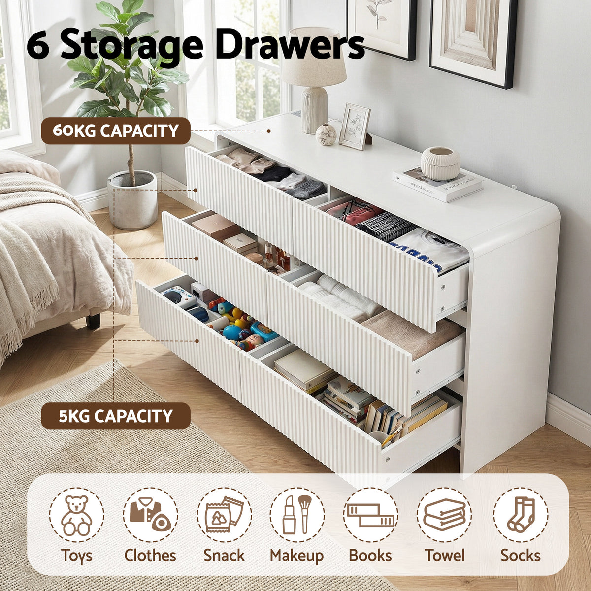 Chest of Drawers | 6 Drawer Dresser Cabinet | White