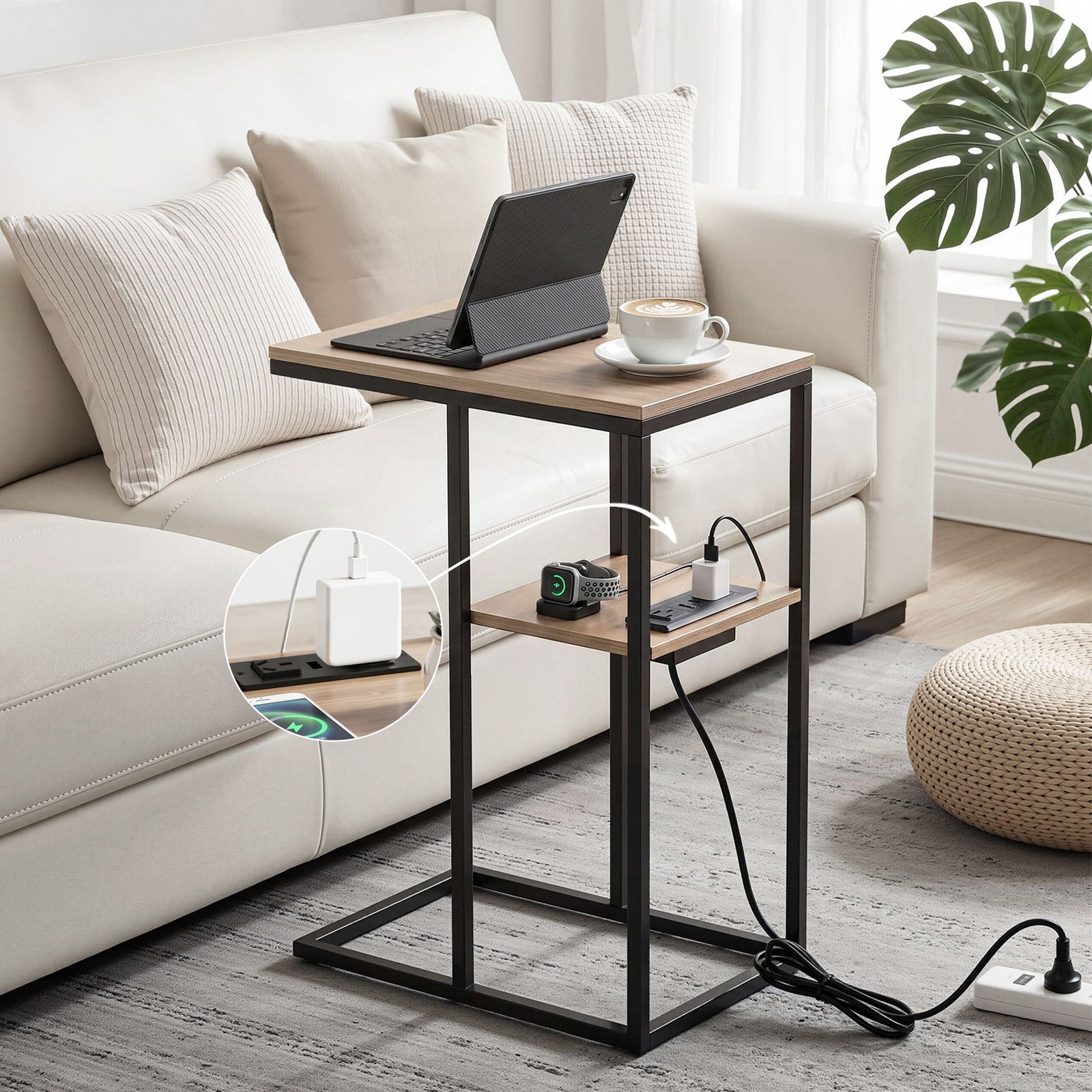 C-Shaped End Table | 2-Tier Side Table with Charging Station | Wood Look