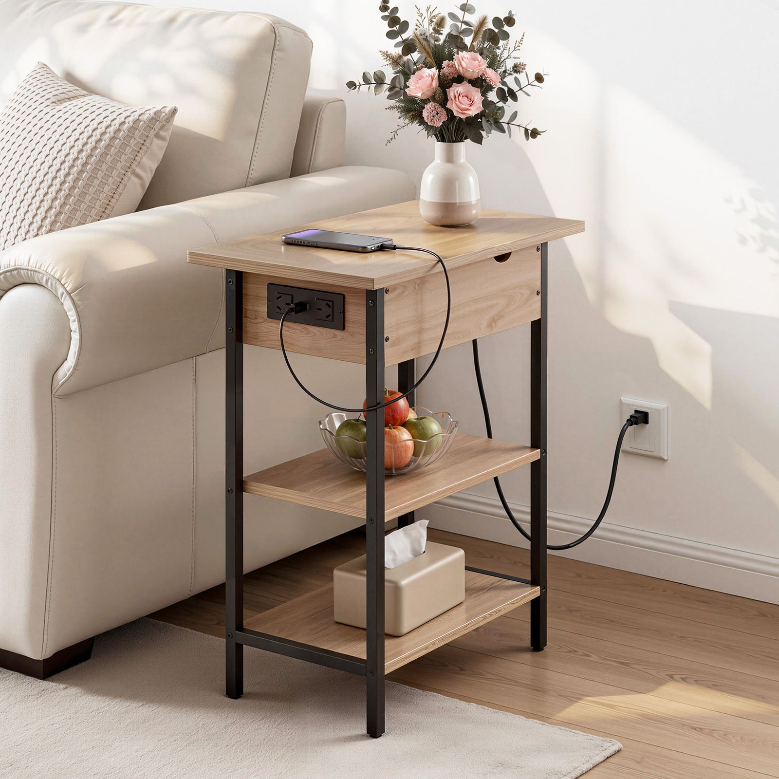 Side Table | Flip-Top Storage & Charging Station | Wood | 60cm