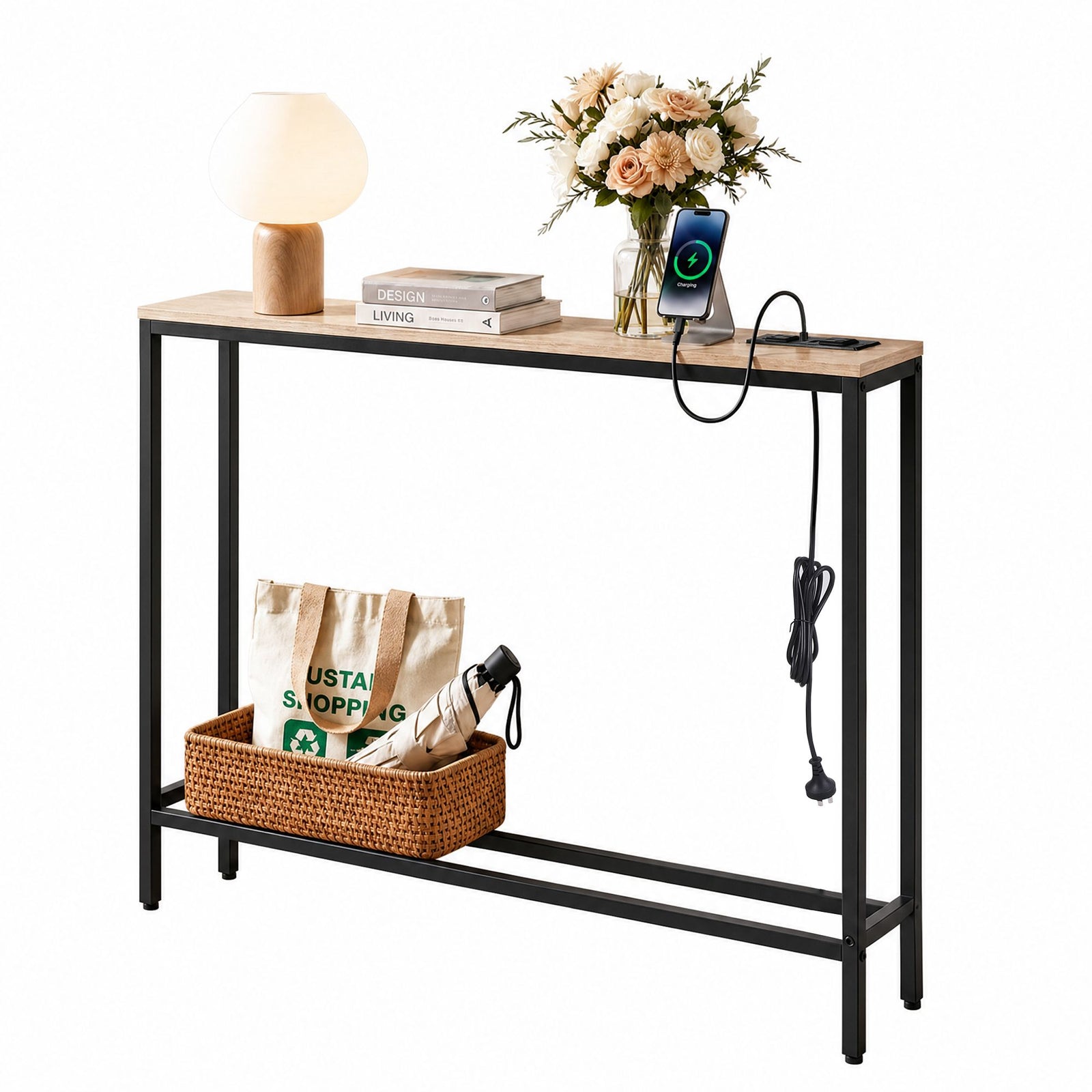 Console Table | Hallway Display Desk with Charging Station | Wood Look