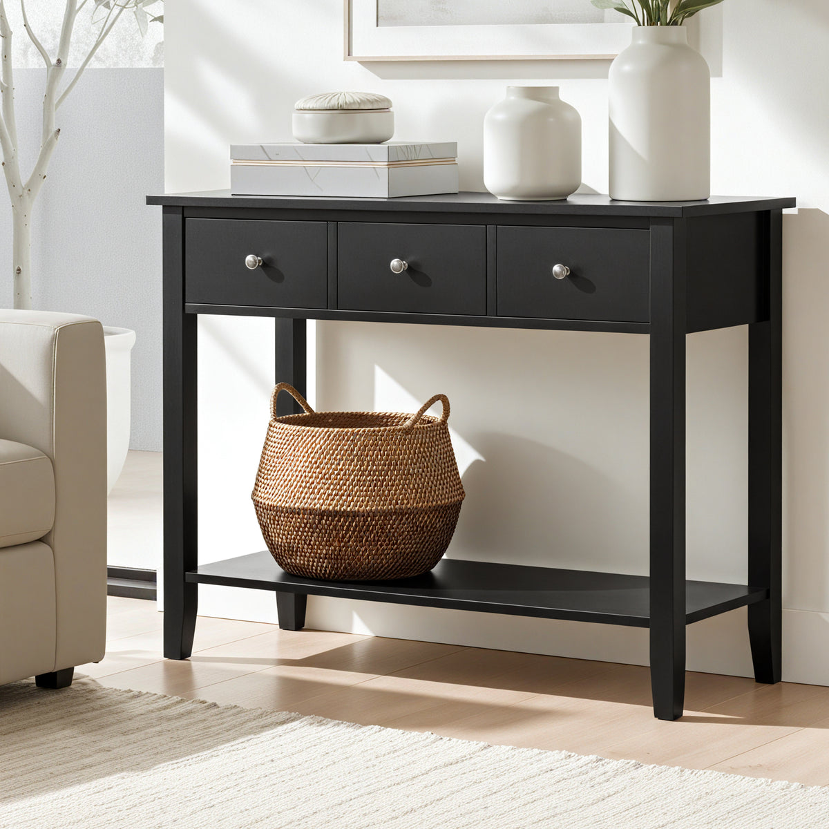 Console Table 100cm | 3 Drawers | Hallway Entryway | Black