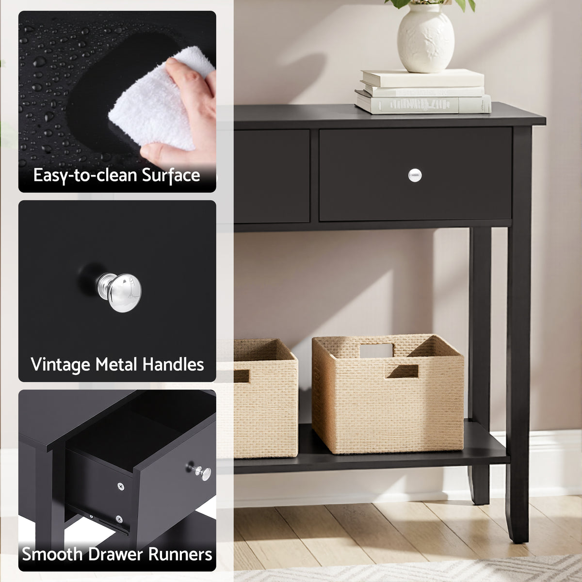 Console Table 100cm | 3 Drawers | Hallway Entryway | Black