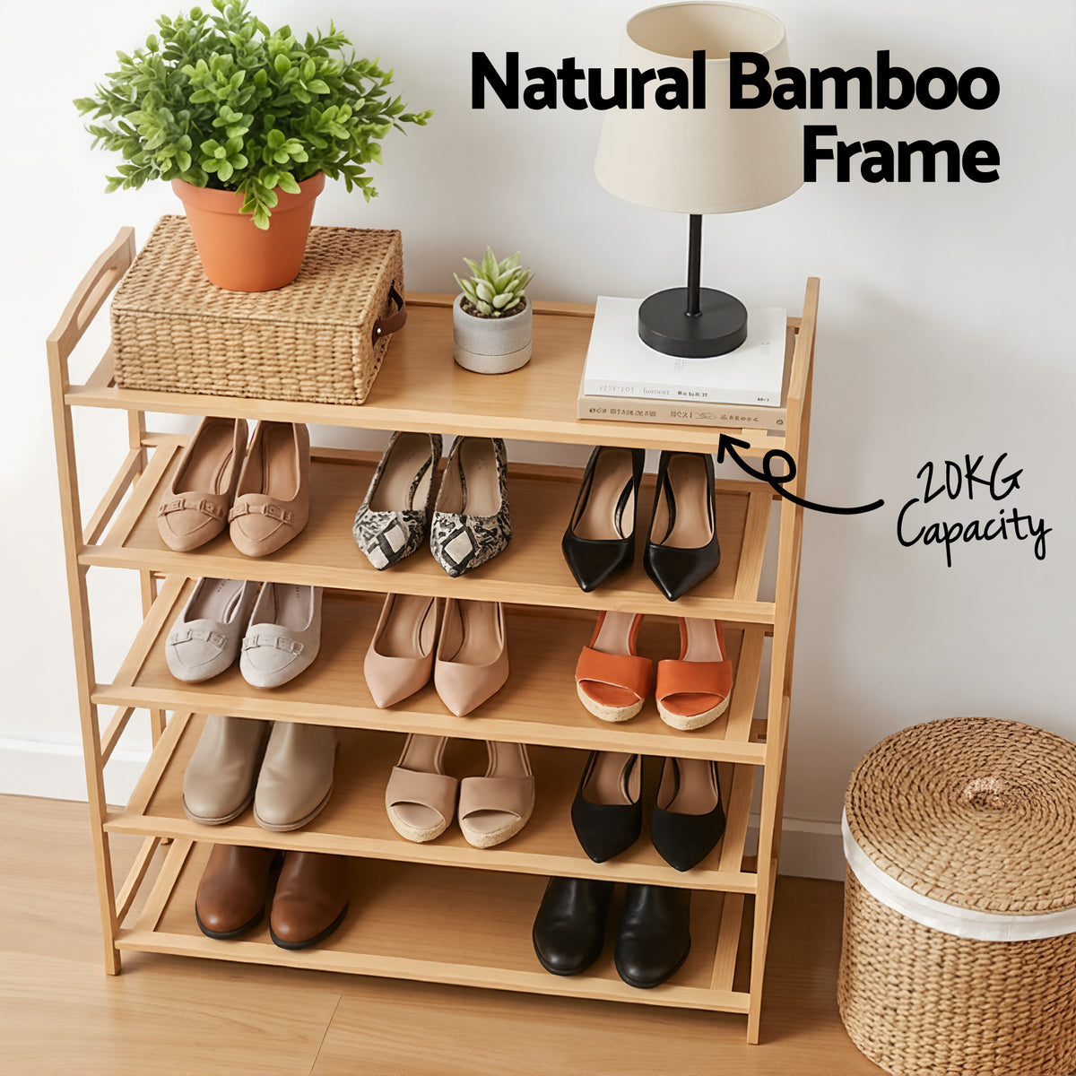5 Tier Shoe Rack | Bamboo Storage Organiser