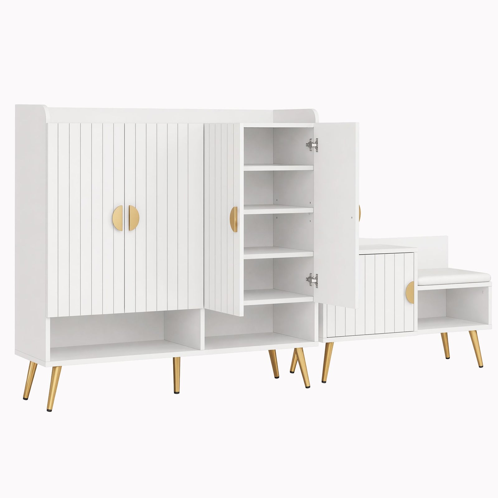 Shoe Cabinet Bench Set | Adjustable Shelf Hallway Storage | White