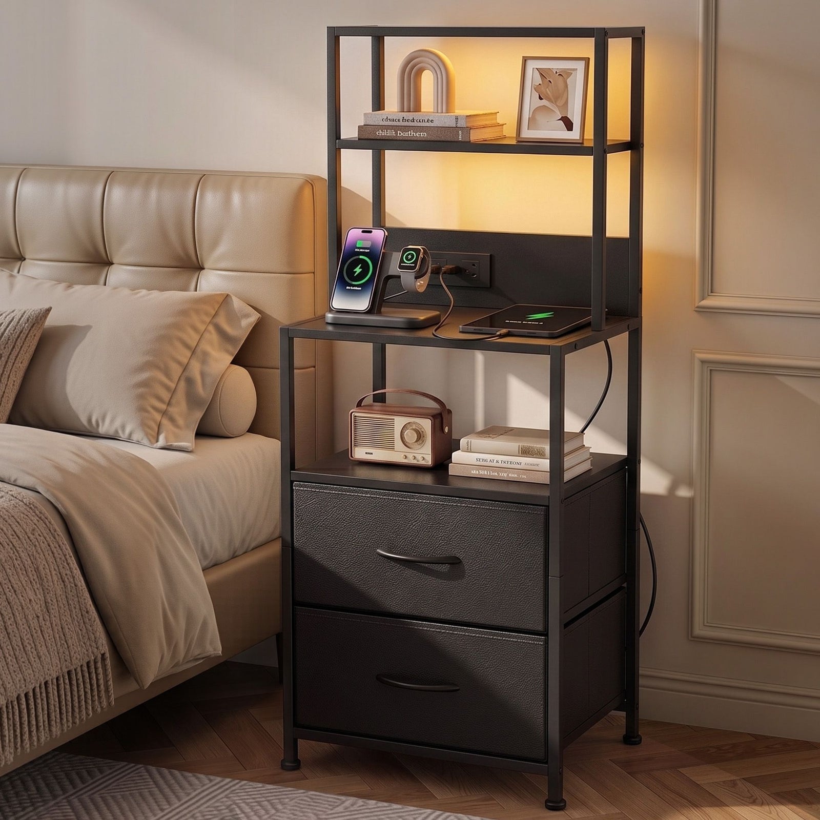 Tall LED Bedside Table | Drawers & Charging Station | Black