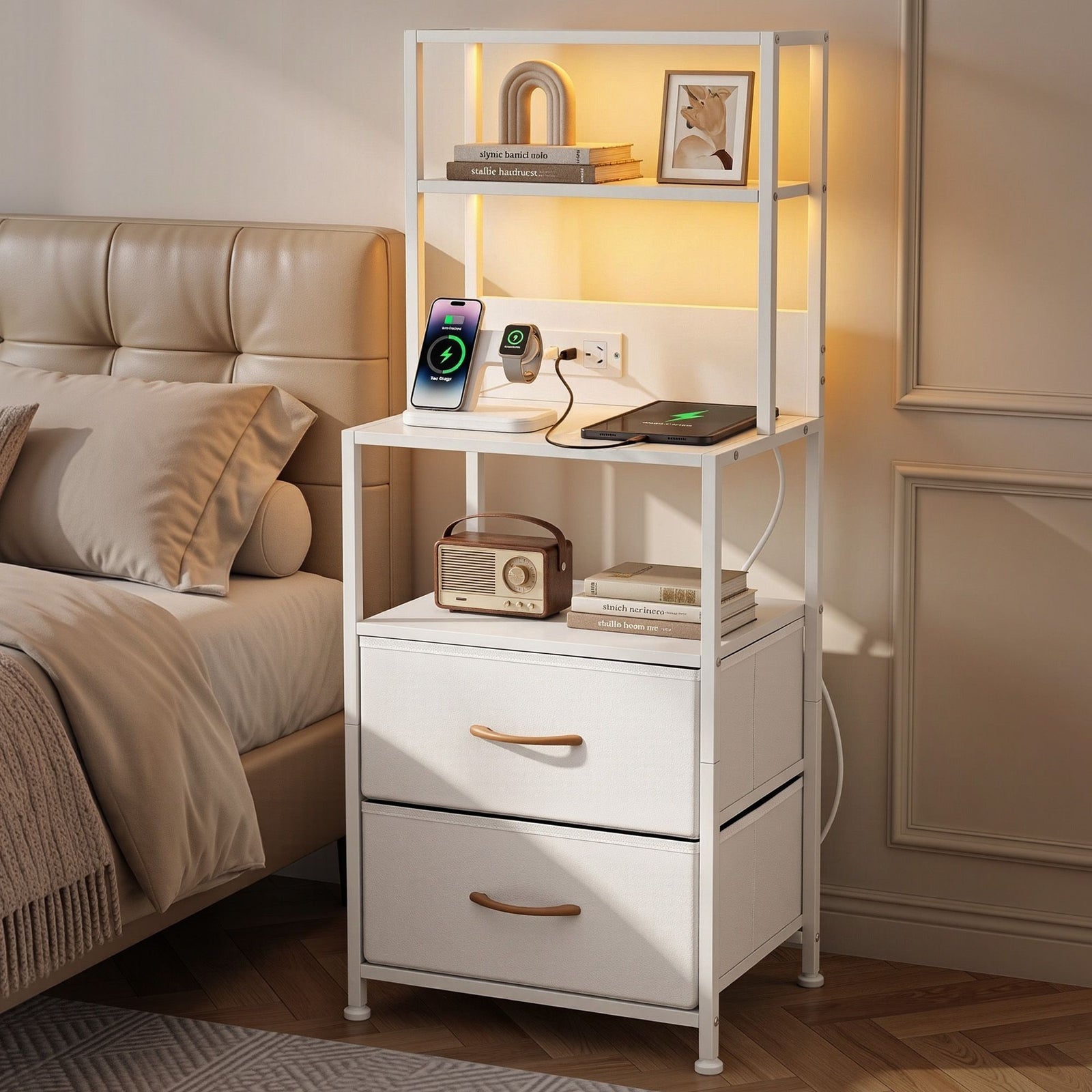 Tall LED Bedside Table | Drawers & Charging Station | White