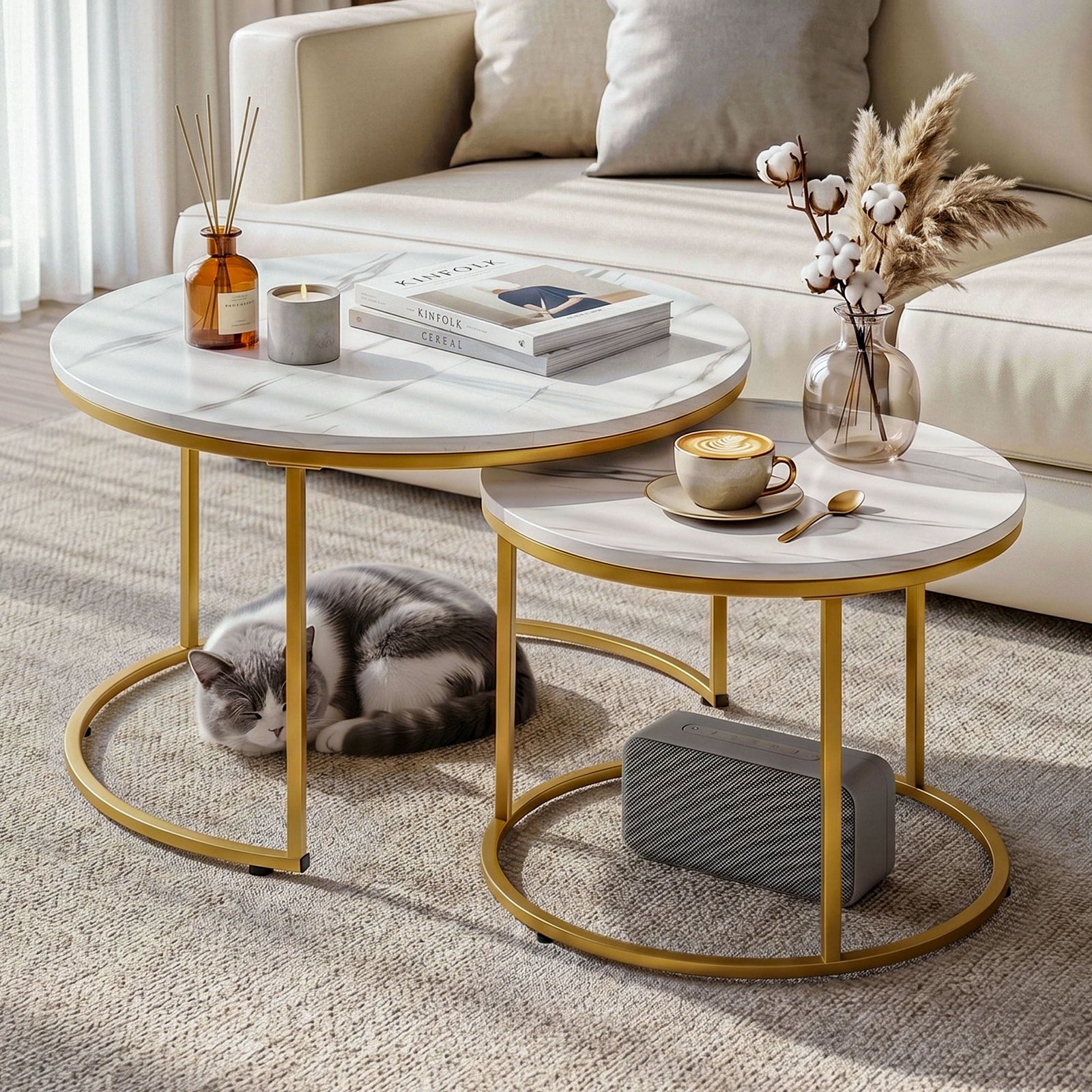 Nesting Coffee Tables | 2 Piece Round Marble Look Set | White & Gold