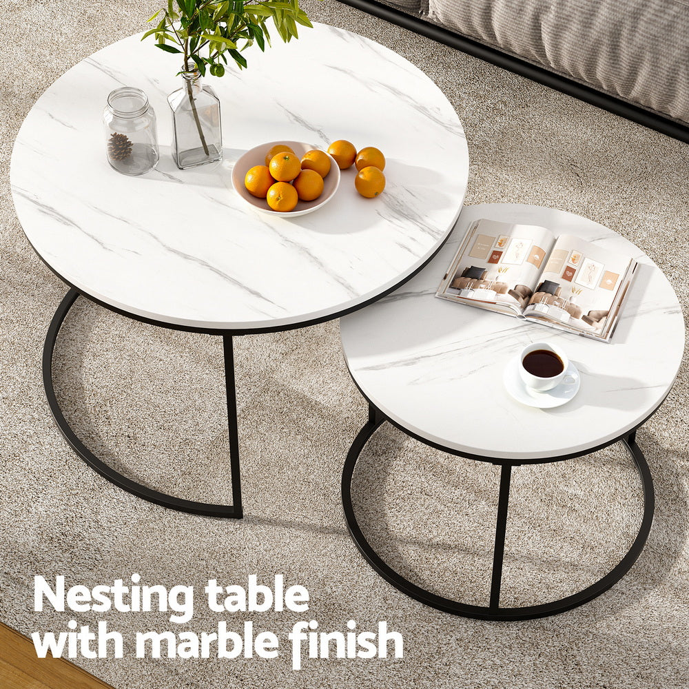 Nesting Table Set | 2pc | Marble Look Coffee Tables | Compact