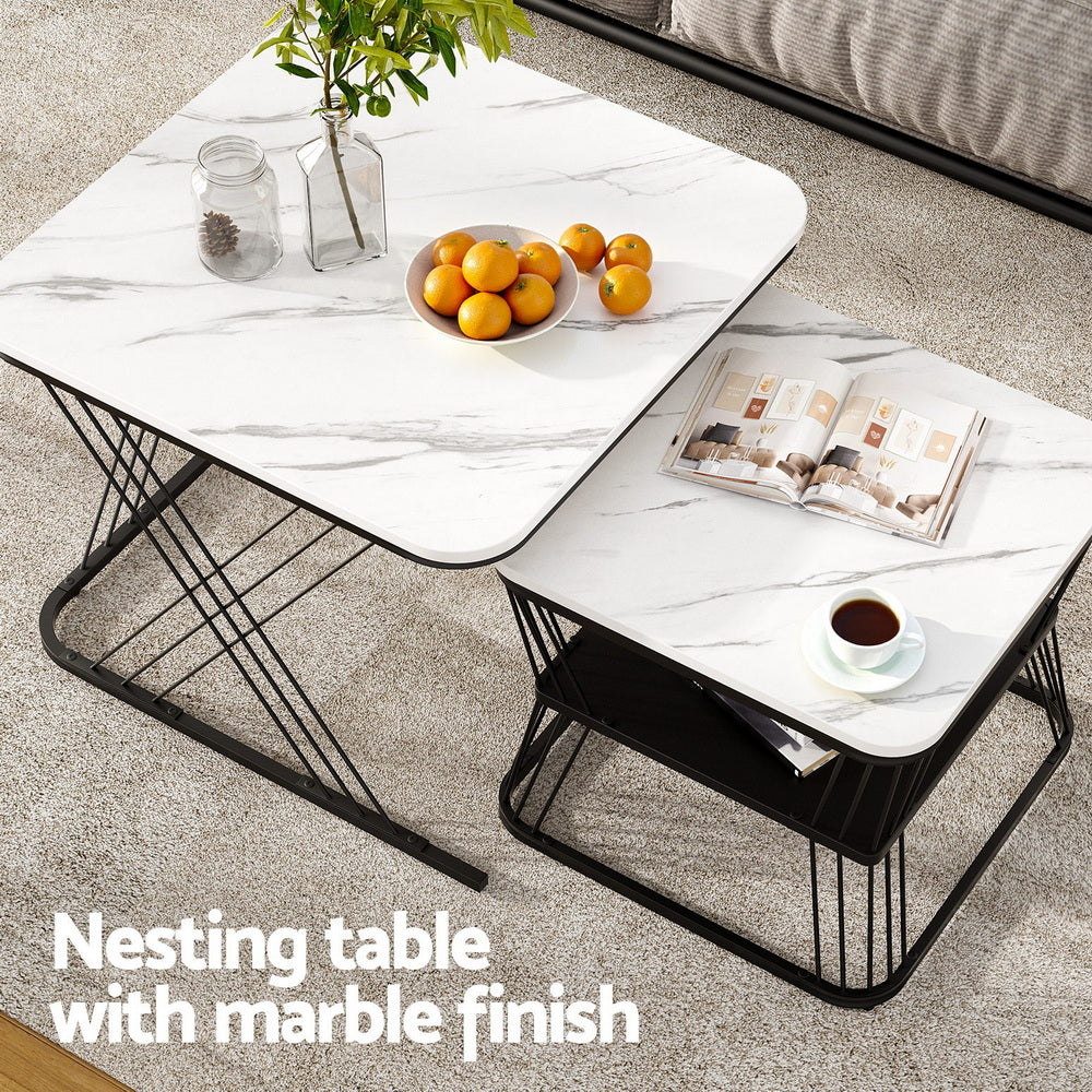 Nesting Coffee Tables Set 2pc | Marble Effect | Space Saving
