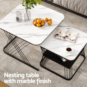 Nesting Coffee Tables Set 2pc | Marble Effect | Space Saving
