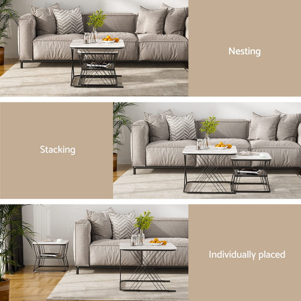 Nesting Coffee Tables Set 2pc | Marble Effect | Space Saving