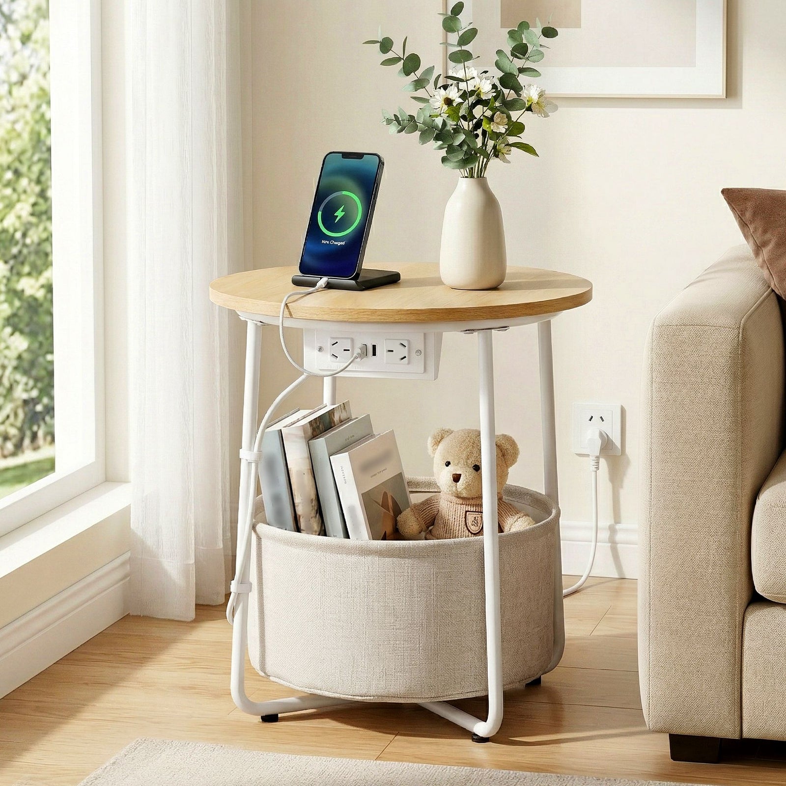 Round Coffee Table | Side Table with Charging Station & Storage Basket