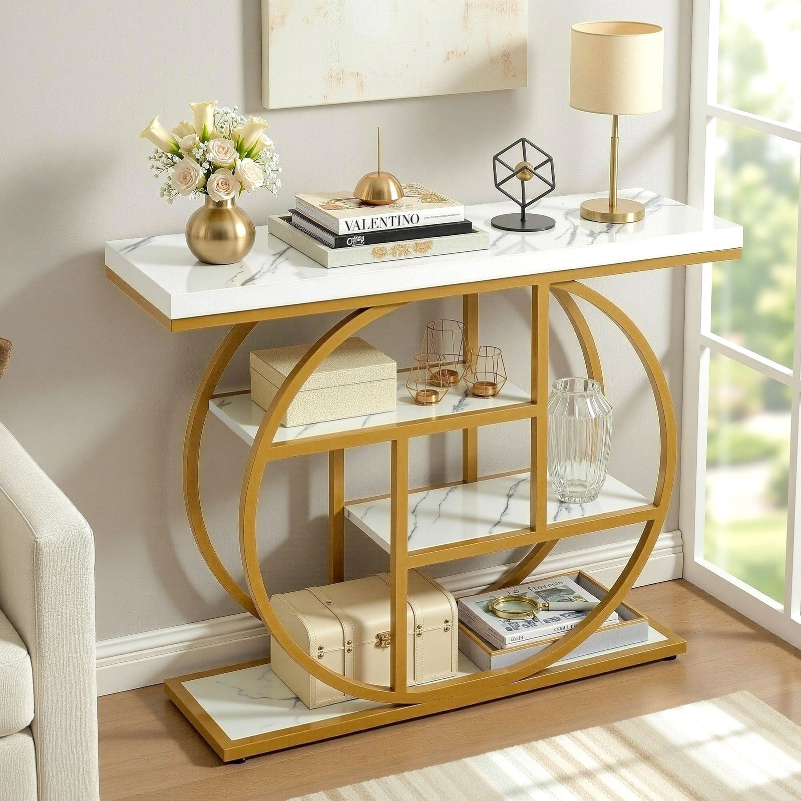Console Table | 105cm Marble Effect 4-Tier Shelving Unit | White & Gold