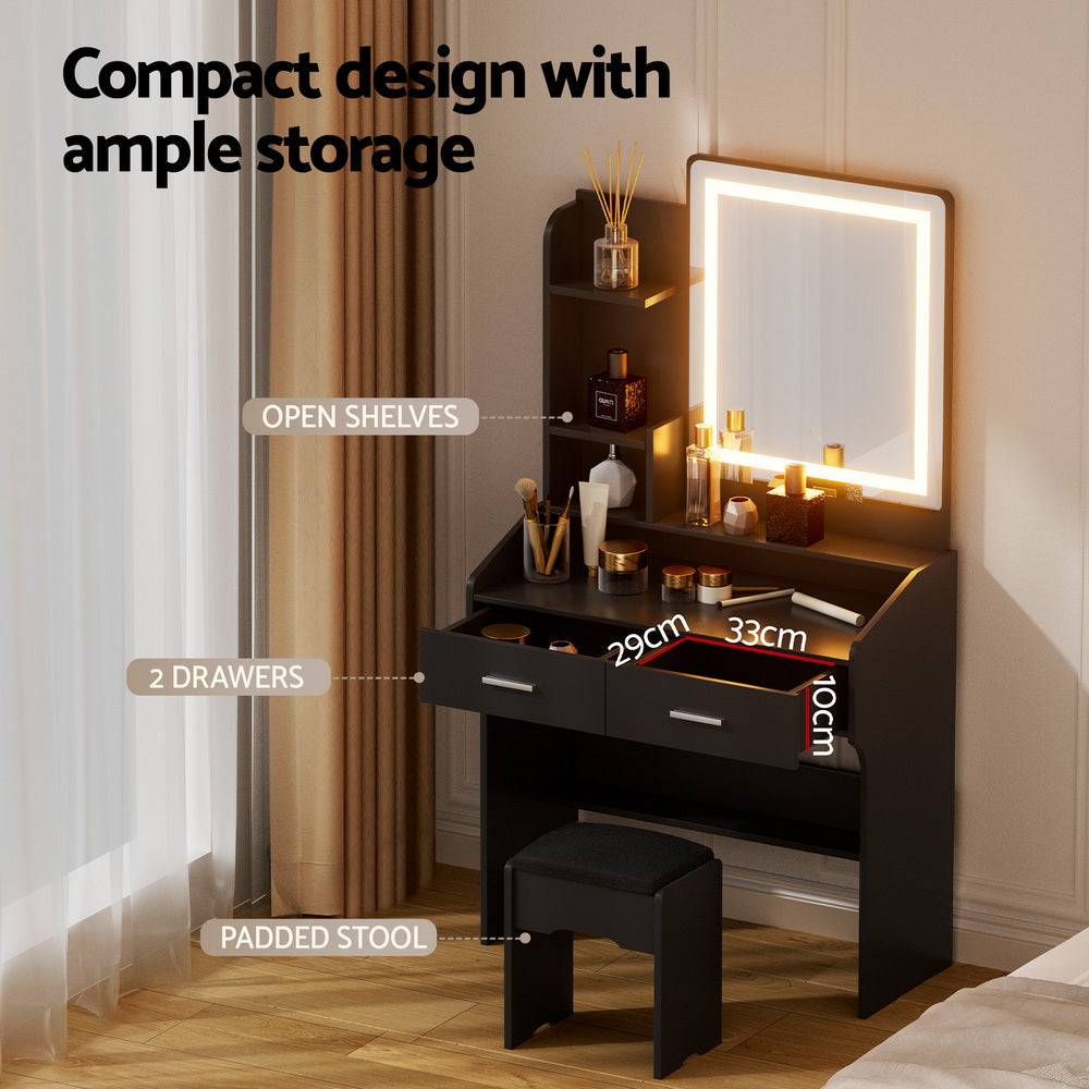 Vanity Table Set | LED Lights | Stool Included | Black