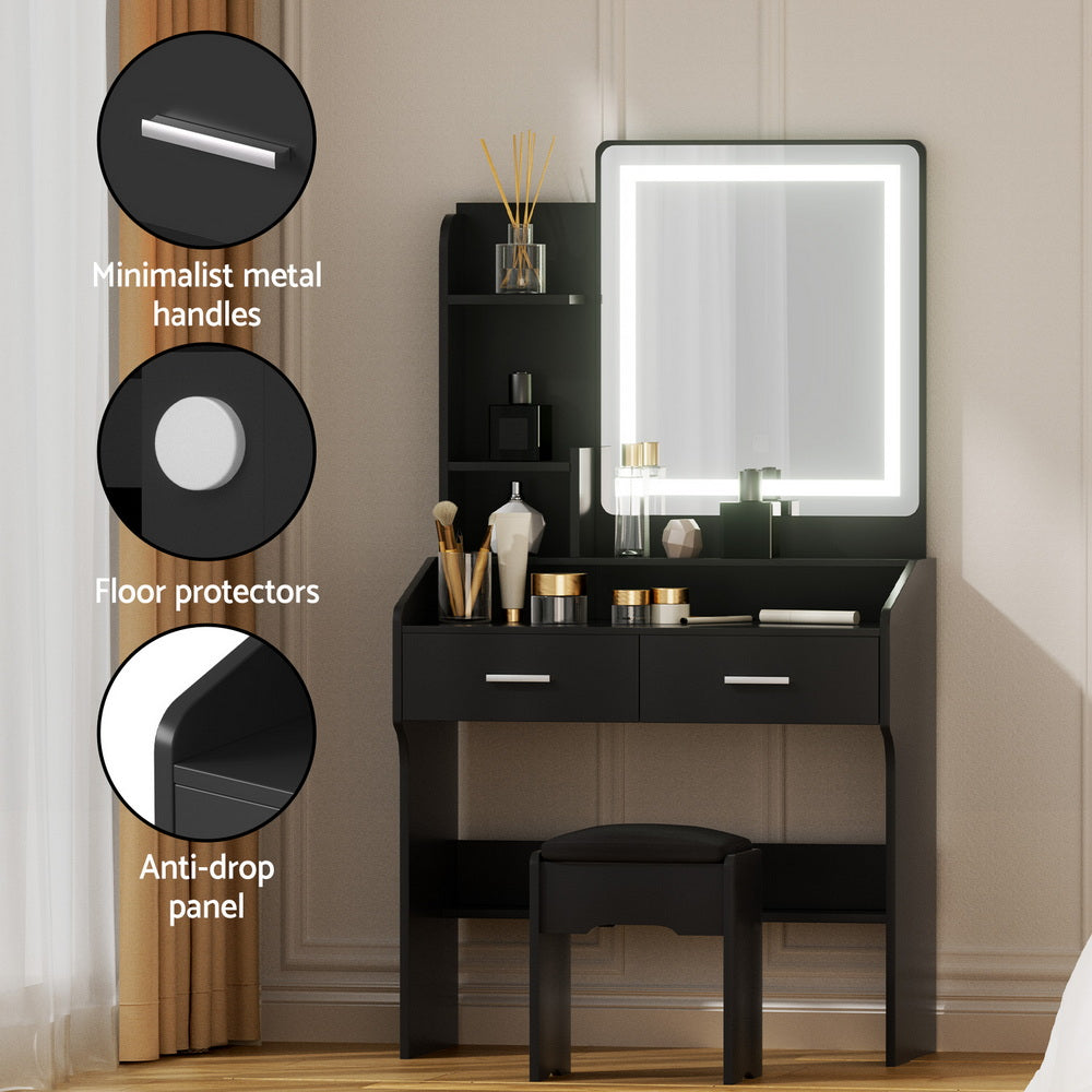 Vanity Table Set | LED Lights | Stool Included | Black