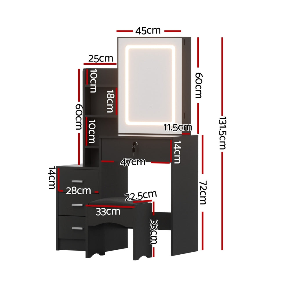 Dressing Table Set | Vanity Desk with Stool & LED Lights | Black Finish