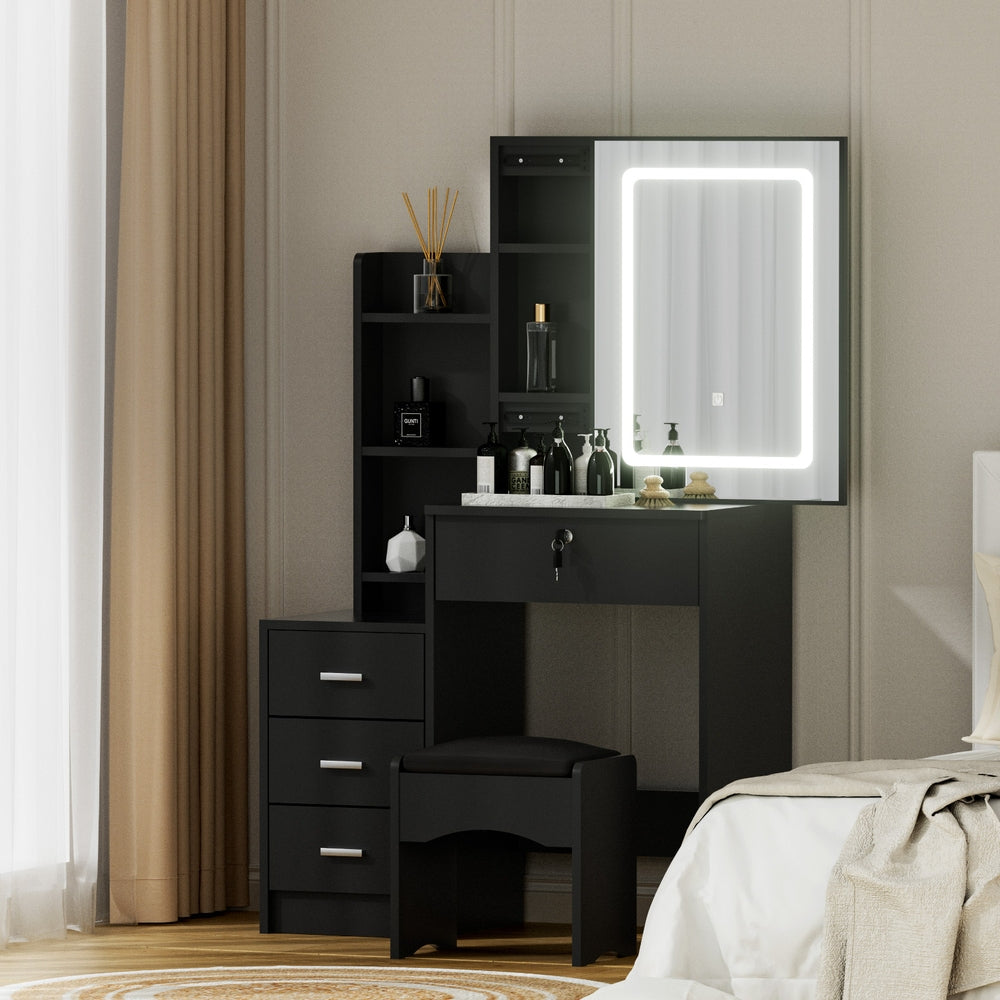 Dressing Table Set | Vanity Desk with Stool & LED Lights | Black Finish