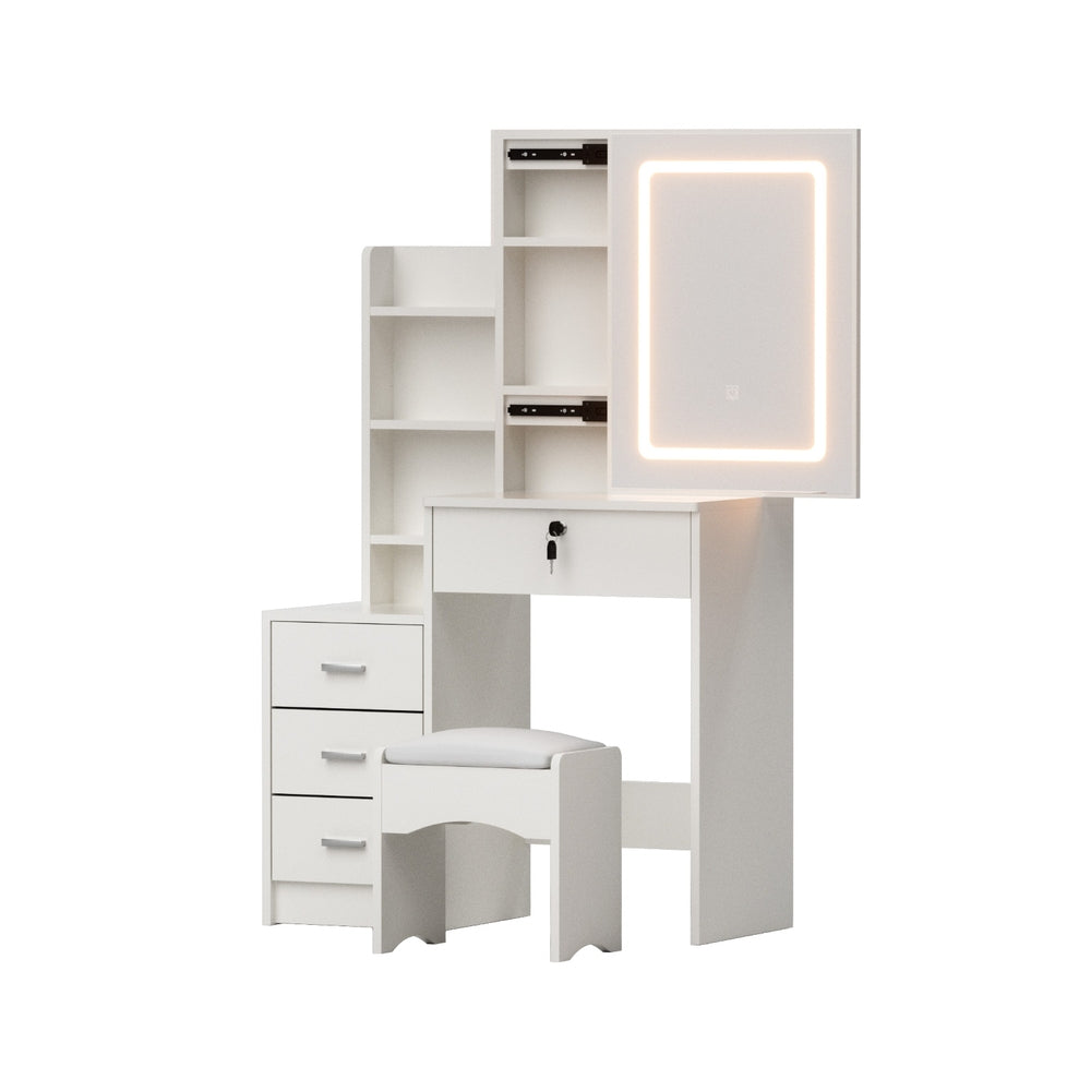 Dressing Table Set | Vanity Desk with Stool & LED Lights | White Finish