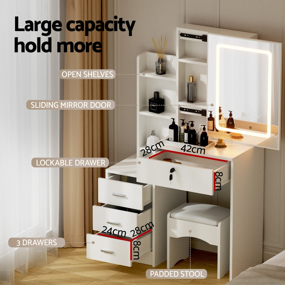 Dressing Table Set | Vanity Desk with Stool & LED Lights | White Finish