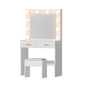 Dressing Table Set | Vanity Desk with Stool & 10 LED Bulbs | White Finish