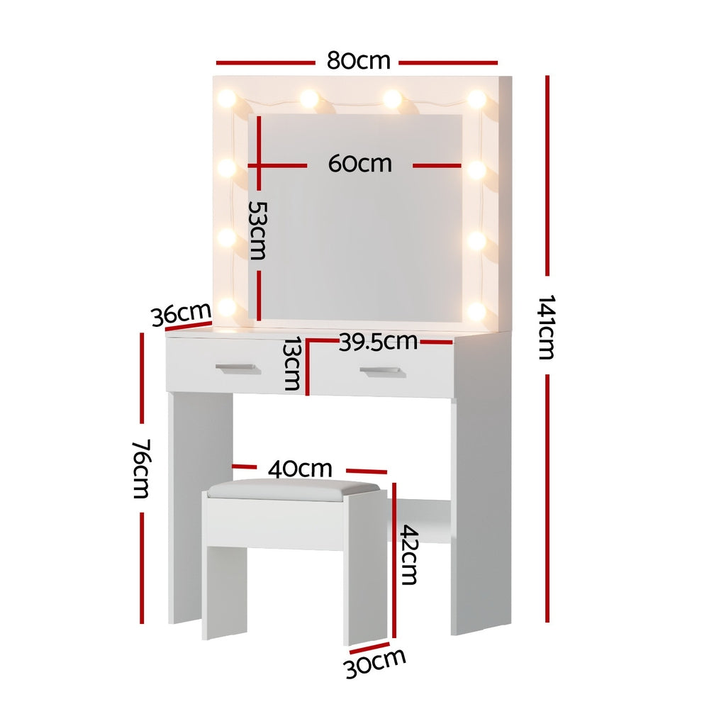 Dressing Table Set | Vanity Desk with Stool & 10 LED Bulbs | White Finish