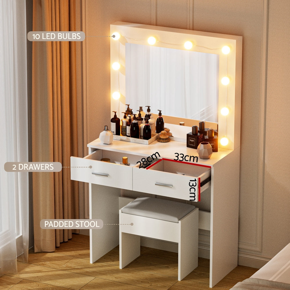 Dressing Table Set | Vanity Desk with Stool & 10 LED Bulbs | White Finish