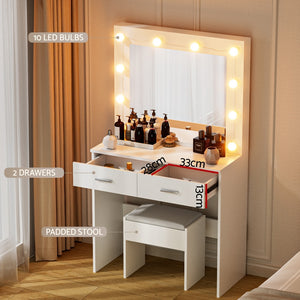 Dressing Table Set | Vanity Desk with Stool & 10 LED Bulbs | White Finish