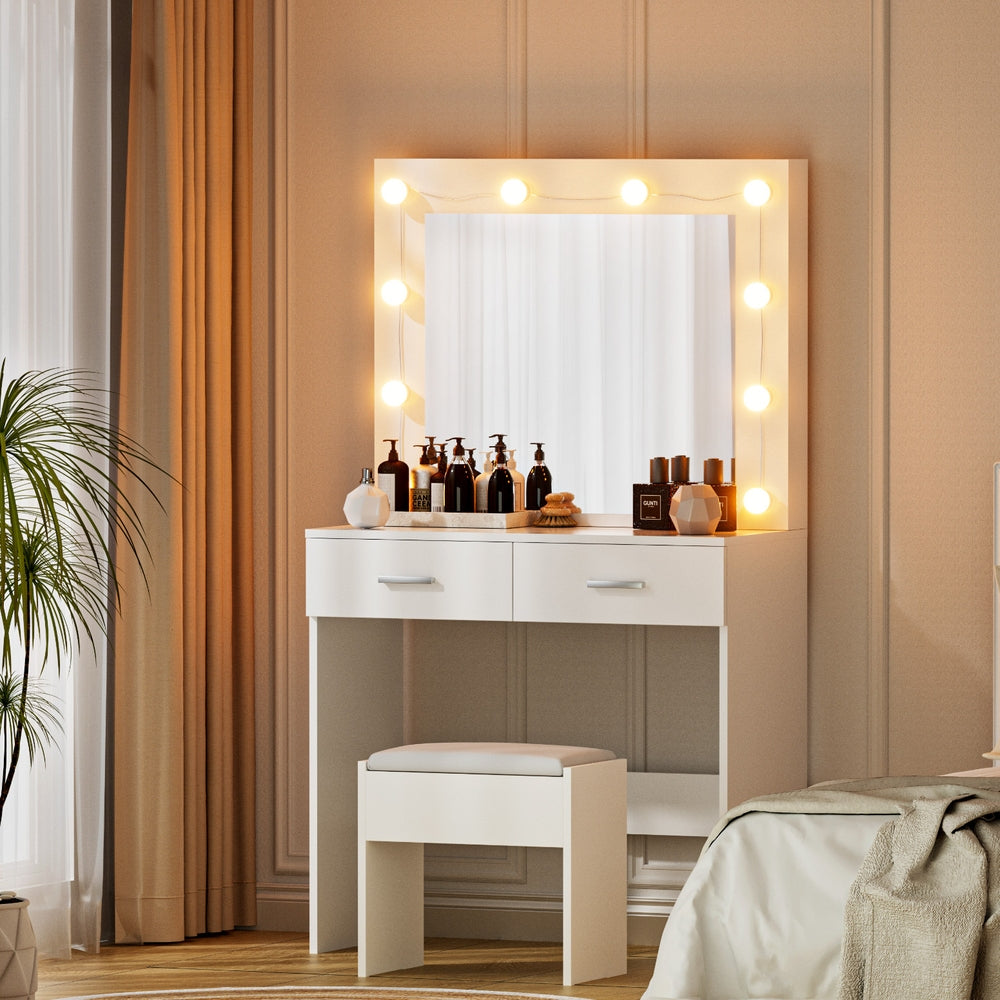 Dressing Table Set | Vanity Desk with Stool & 10 LED Bulbs | White Finish