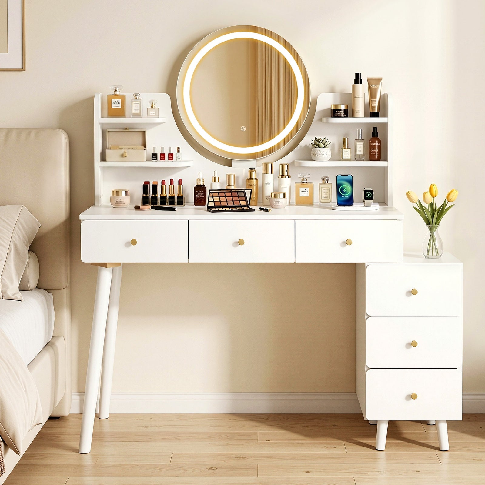 Dressing Table | LED Vanity Desk with Charging Station | White
