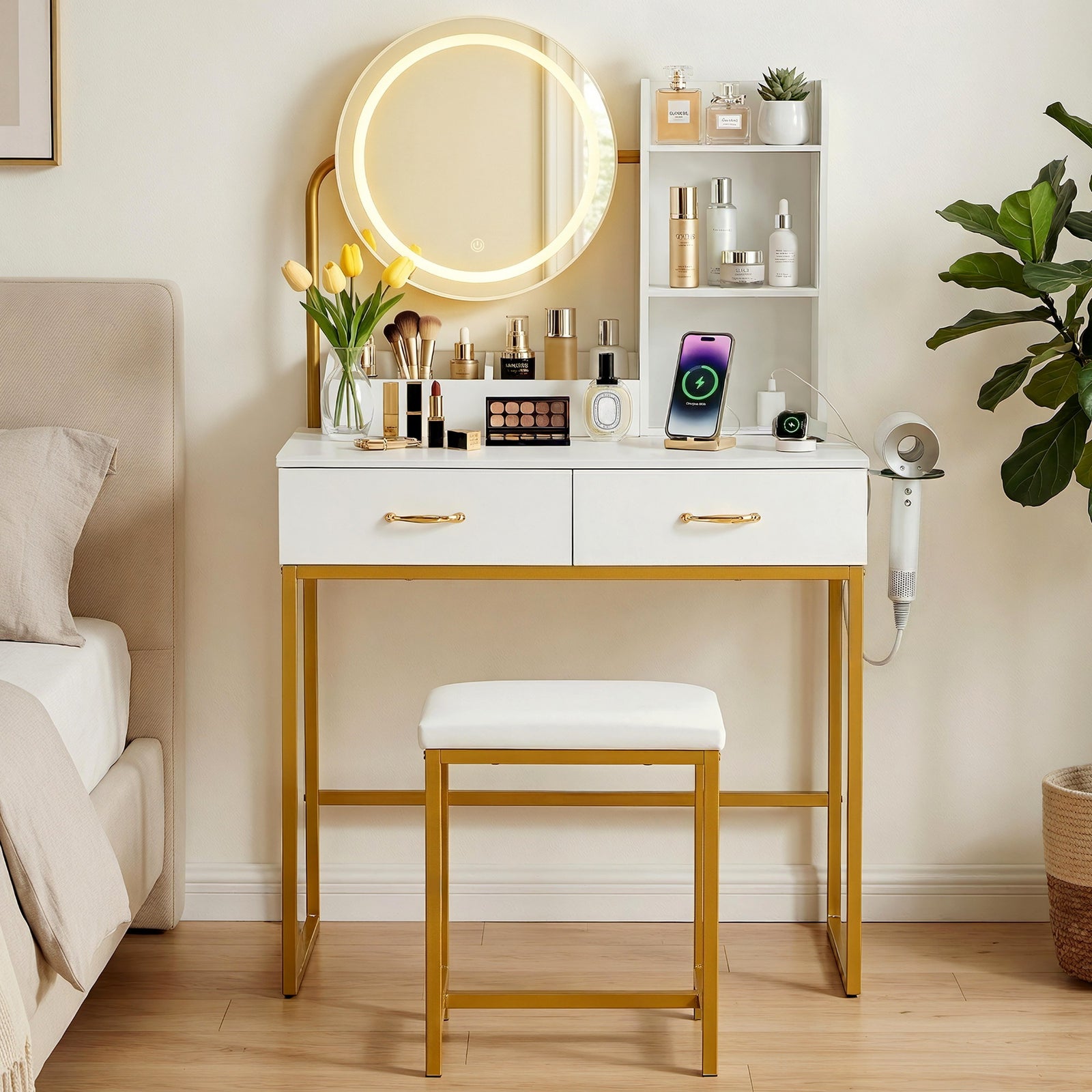 Vanity Desk Set | LED Dressing Table with Stool & Charging Station | White