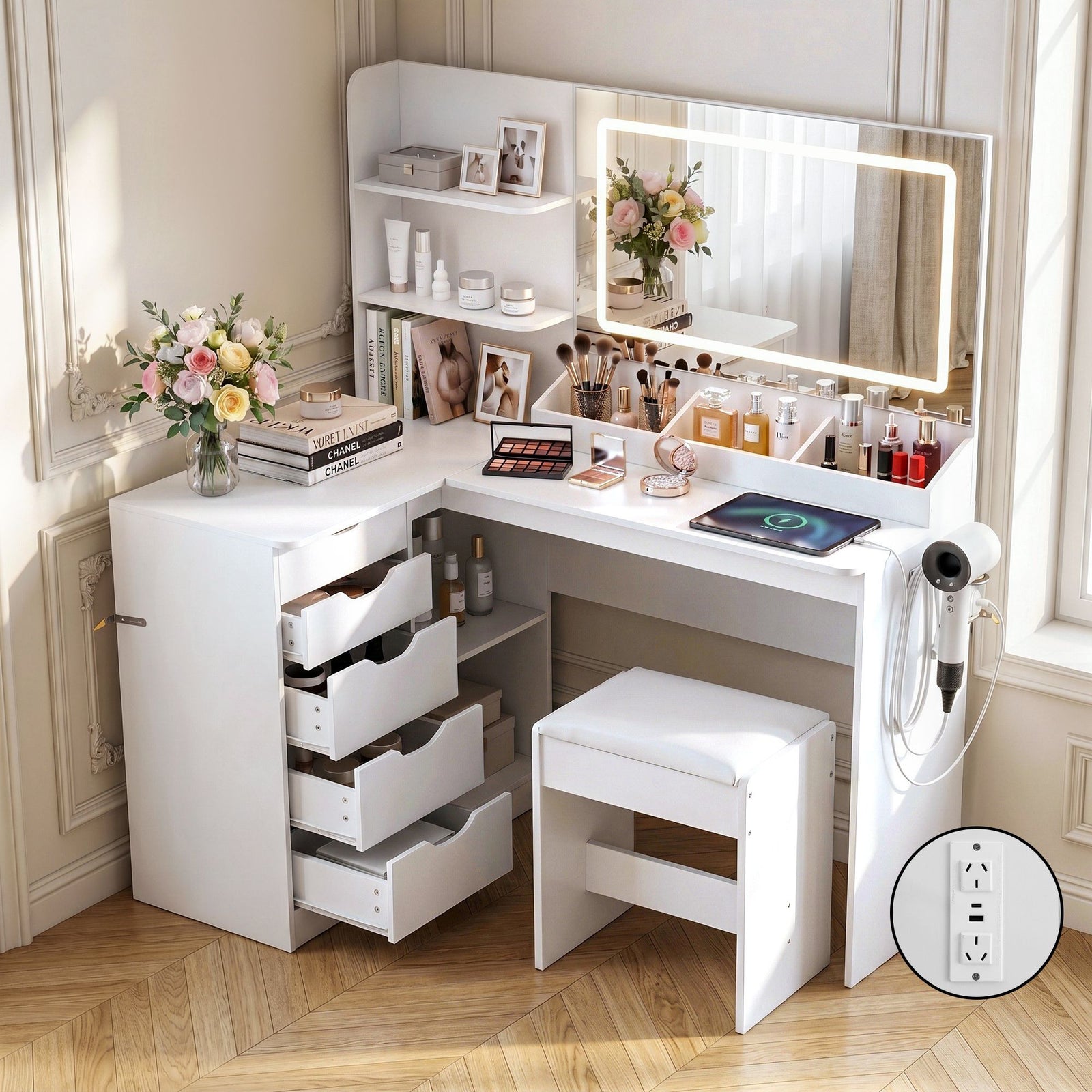 Corner Dressing Table Set | LED Vanity Desk with Stool & Charging Station | White