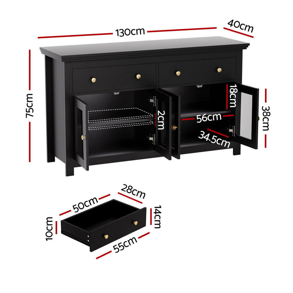 Buffet Sideboard | Clear Door + Drawer | Kitchen Storage Cabinet | Black