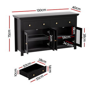 Buffet Sideboard | Clear Door + Drawer | Kitchen Storage Cabinet | Black